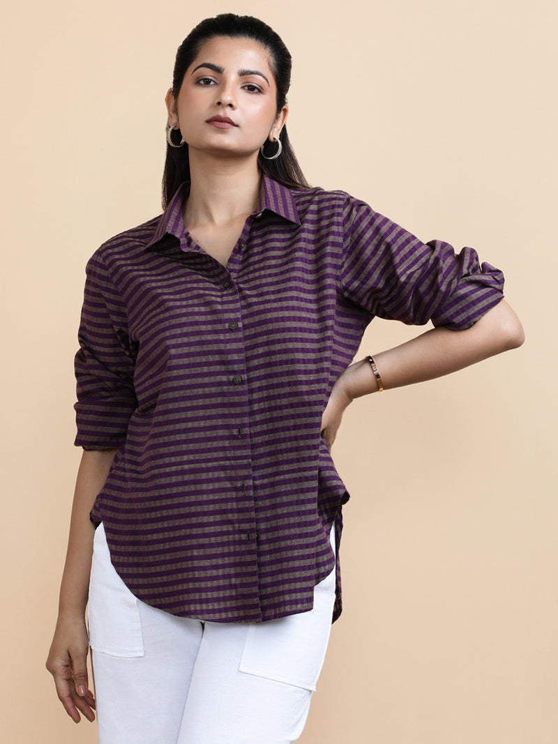 Mila x Soma | Relaxed Women's Shirt in Orchid Loom Stripes Handloom Khadi Cotton-Binks