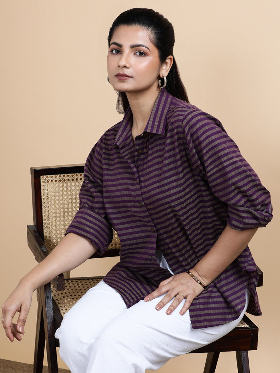Mila x Soma Shirt, in Purple 100% Pure Handloom Khadi Cotton, featuring full sleeves and regular collar neckline (view 5).