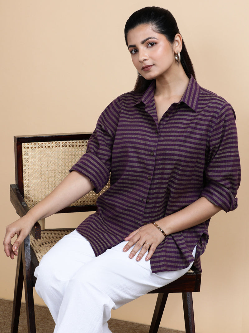 Mila x Soma | Relaxed Women's Shirt in Orchid Loom Stripes Handloom Khadi Cotton-Binks