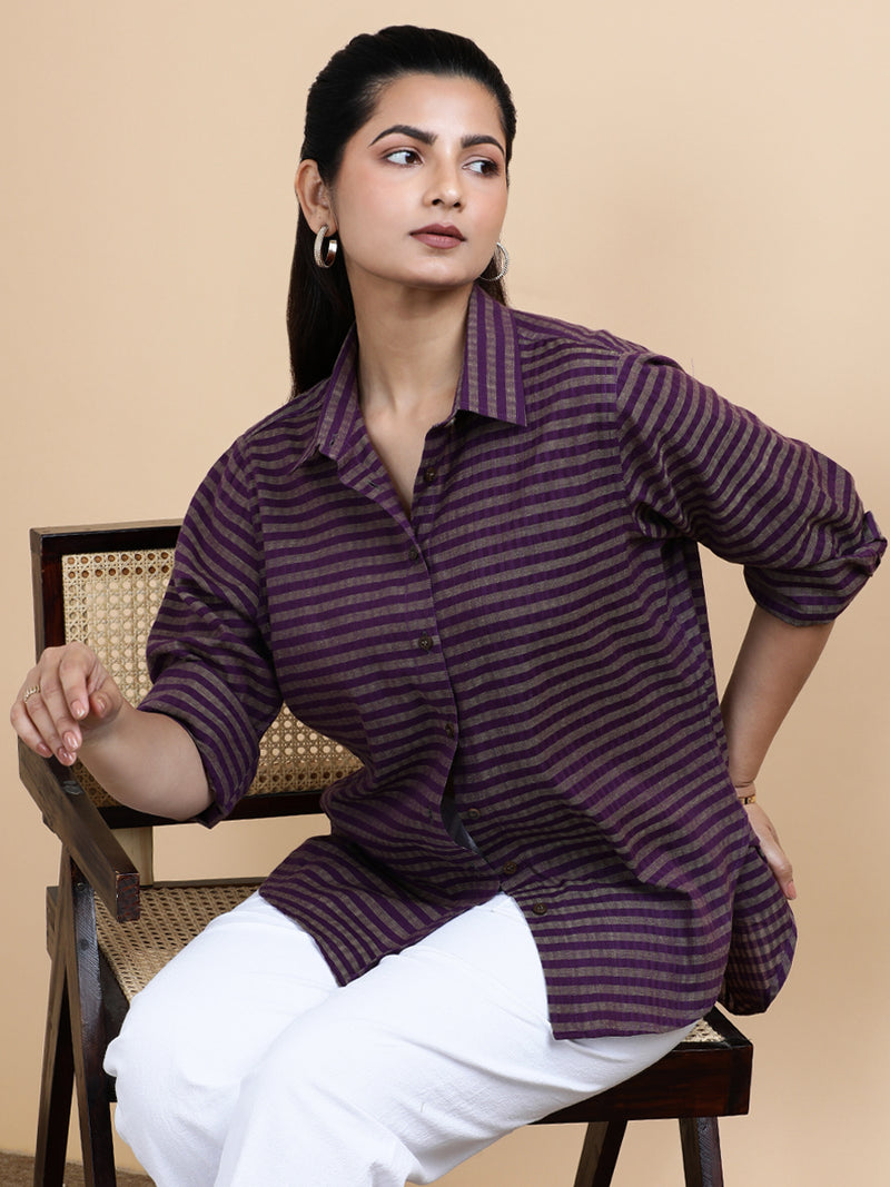 Mila x Soma | Relaxed Women's Shirt in Orchid Loom Stripes Handloom Khadi Cotton-Binks