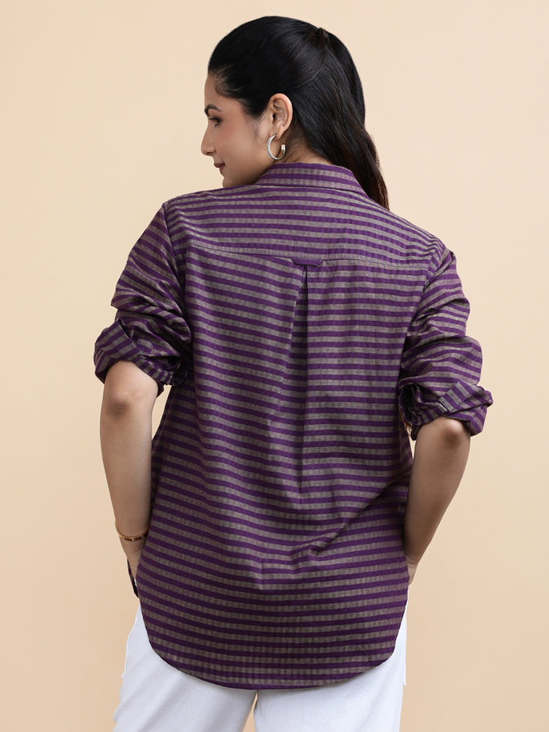 Mila x Soma | Relaxed Women's Shirt in Orchid Loom Stripes Handloom Khadi Cotton-Binks