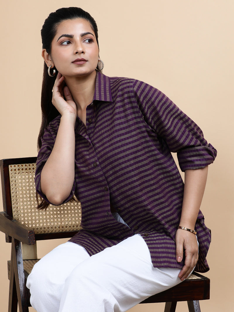 Mila x Soma | Relaxed Women's Shirt in Orchid Loom Stripes Handloom Khadi Cotton-Binks