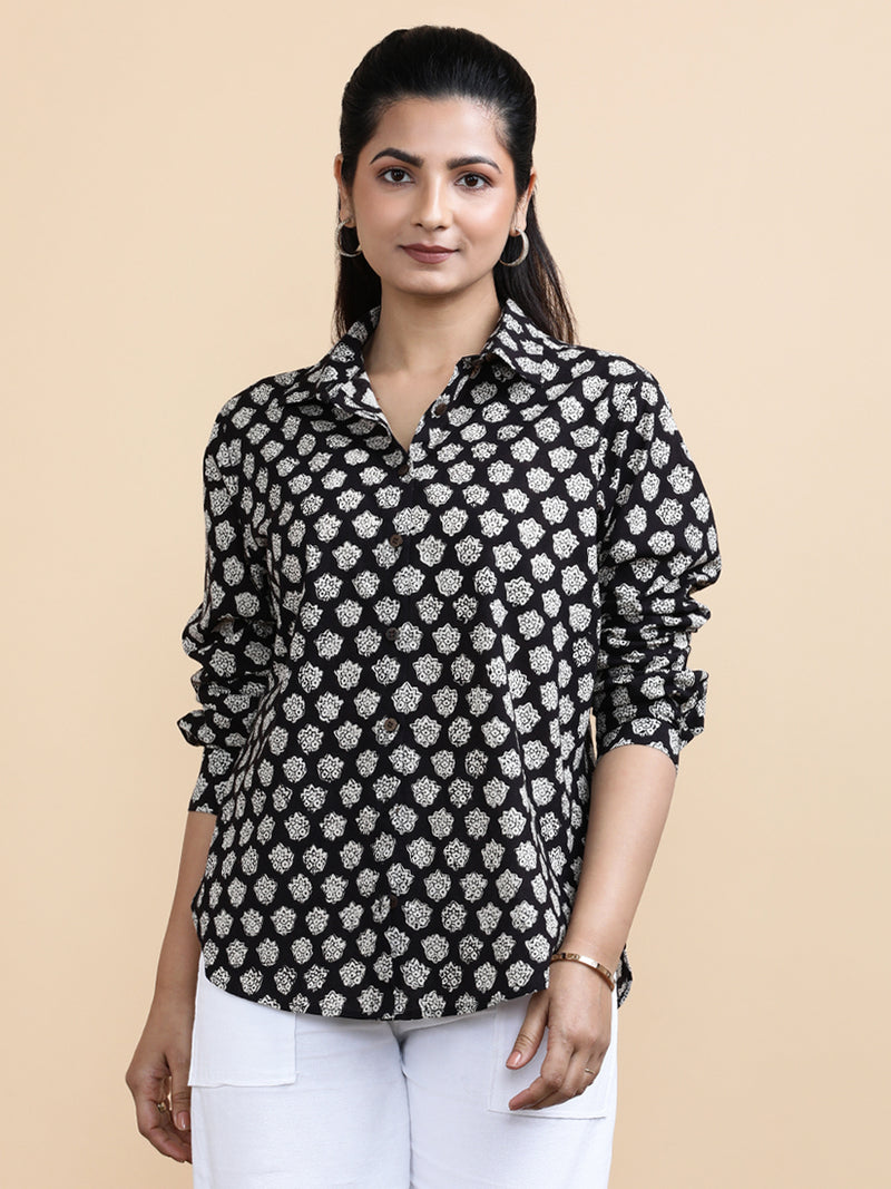 Naomi x Soma | Relaxed Women's Shirt in Black Floral Block Print Cotton-Binks
