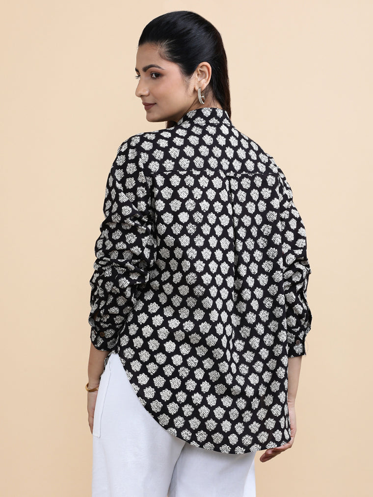 Naomi x Soma Shirt, in Black 100% Cotton, featuring full sleeves and regular collar neckline, made for daily & work (view 2).