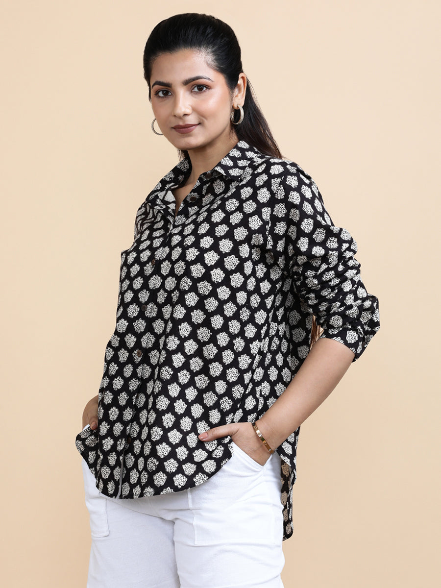 Naomi x Soma Shirt, in Black 100% Cotton, featuring full sleeves and regular collar neckline, made for daily & work (view 4).