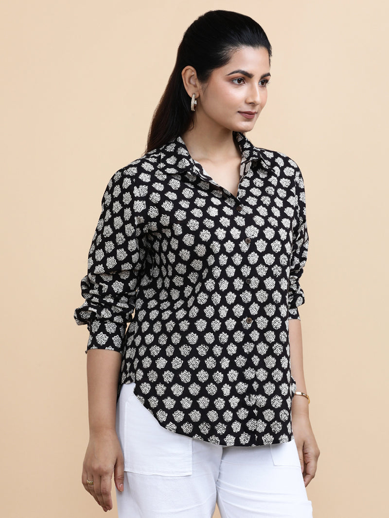 Naomi x Soma | Relaxed Women's Shirt in Black Floral Block Print Cotton-Binks
