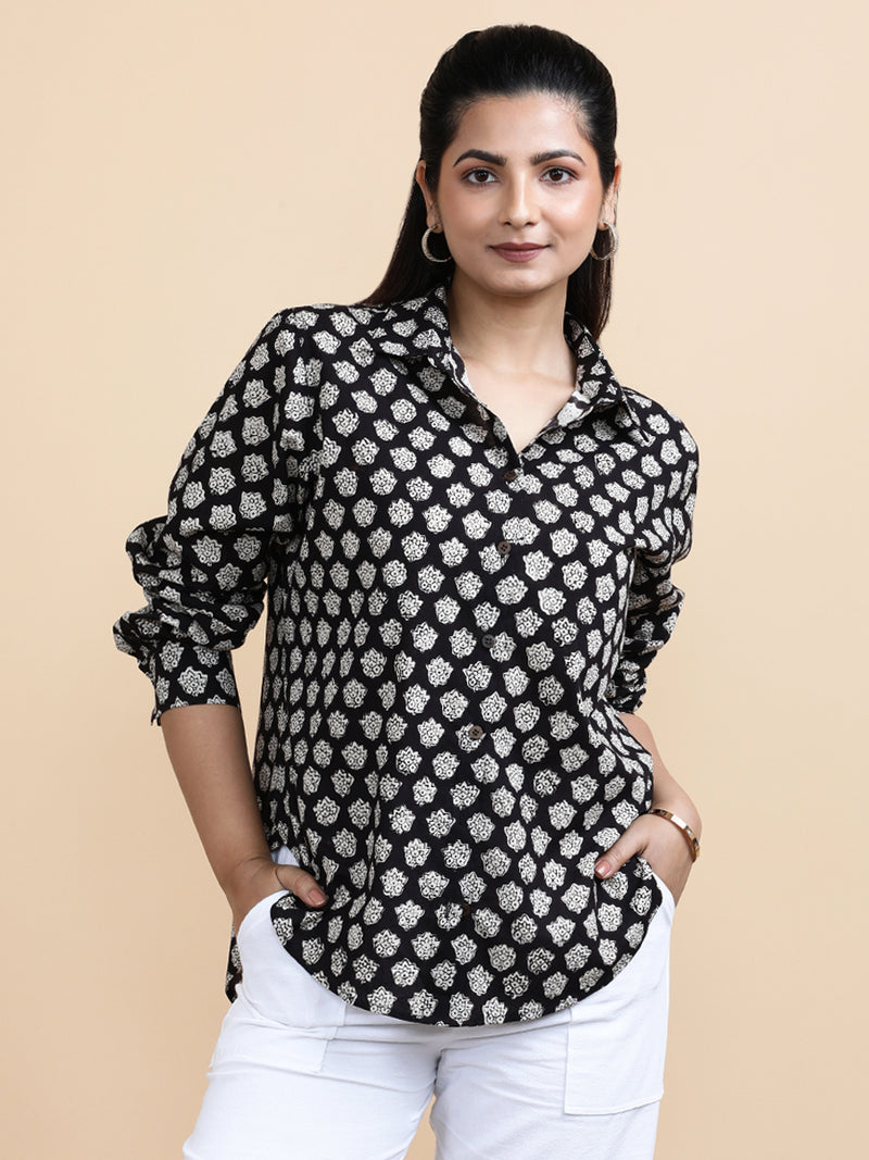 Naomi x Soma | Relaxed Women's Shirt in Black Floral Block Print Cotton-Binks