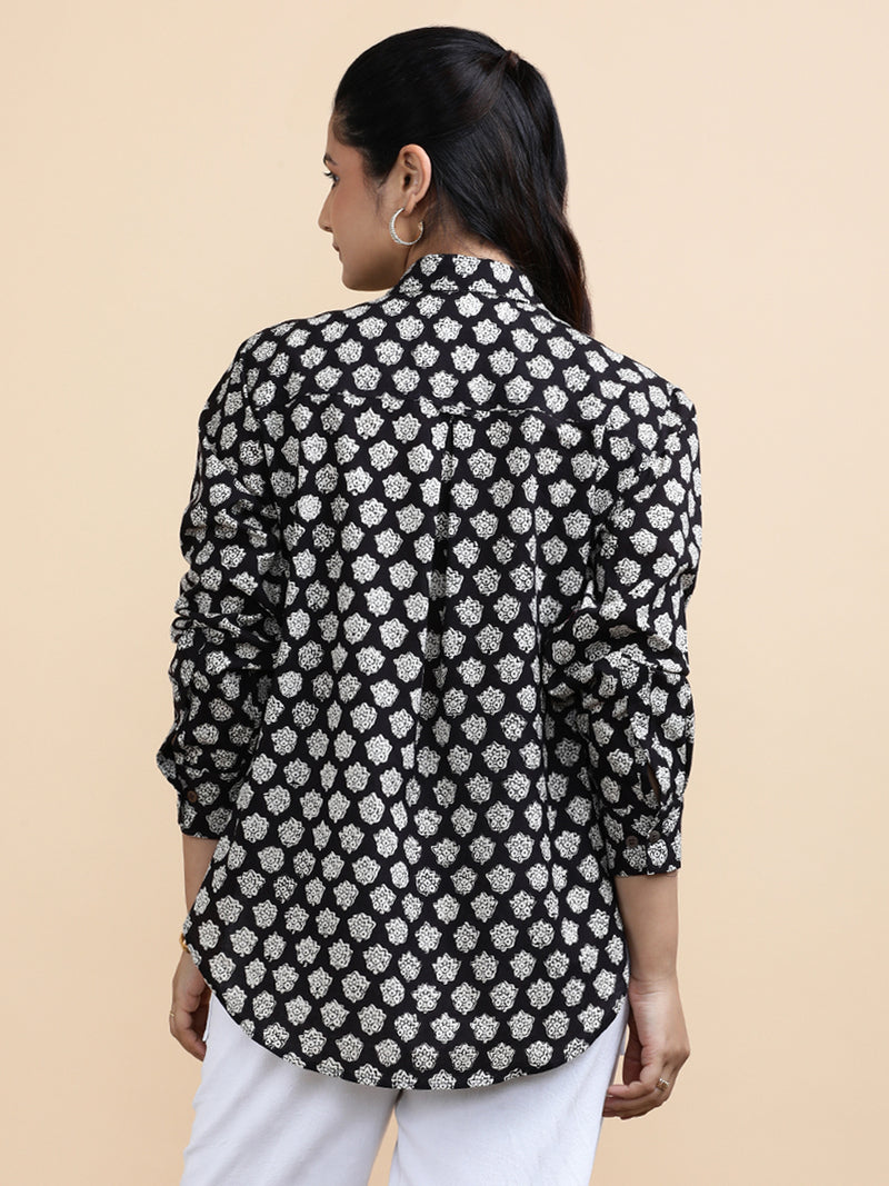 Naomi x Soma | Relaxed Women's Shirt in Black Floral Block Print Cotton-Binks