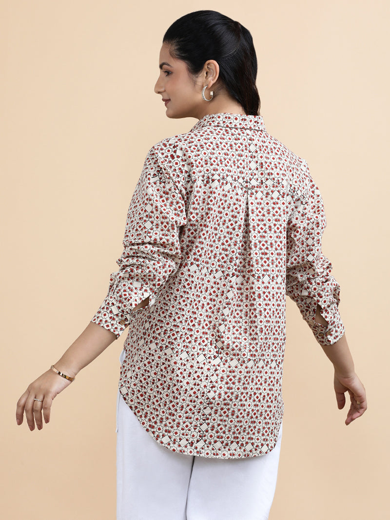 Talia x Soma | Relaxed Women's Shirt in Cream & Red Geometric Block Print Cotton-Binks