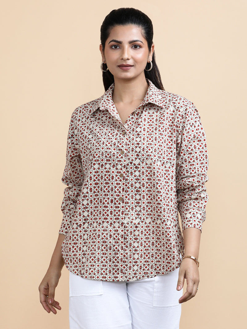 Talia x Soma | Relaxed Women's Shirt in Cream & Red Geometric Block Print Cotton-Binks