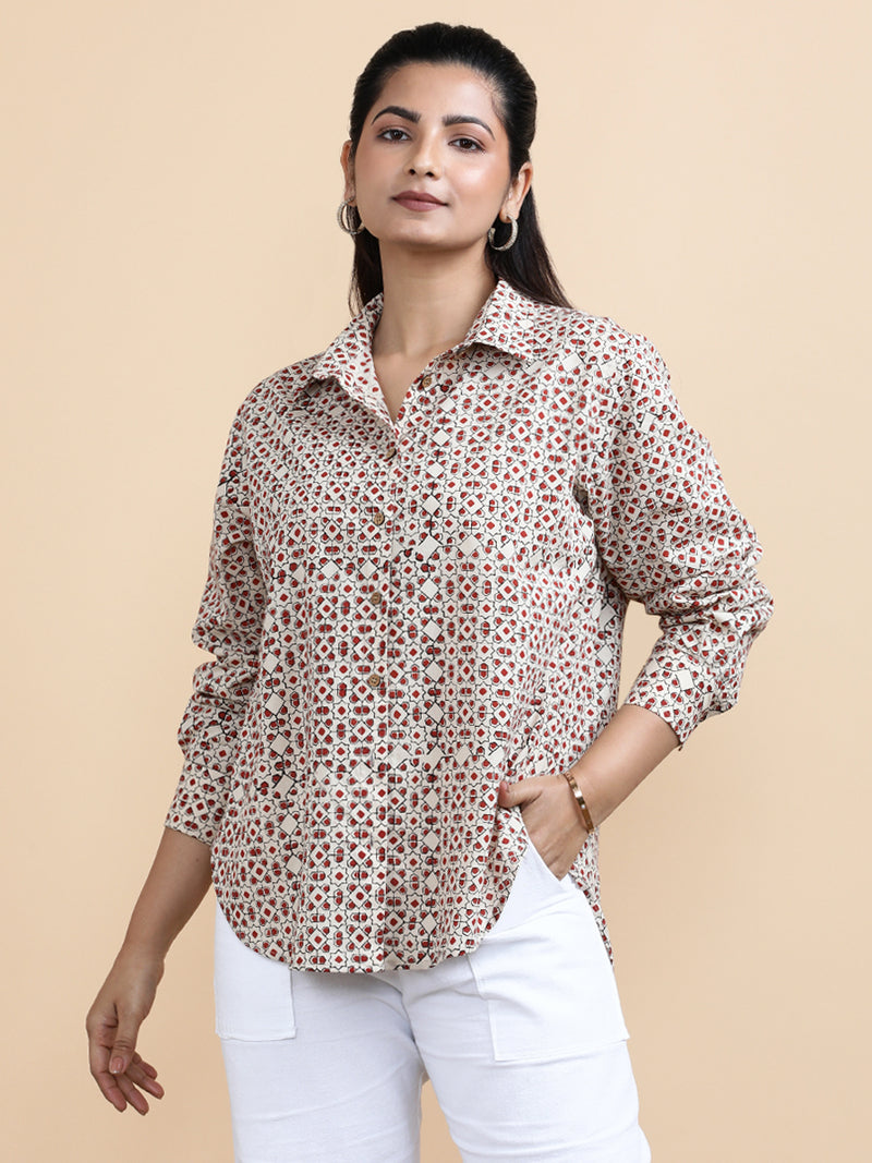 Talia x Soma | Relaxed Women's Shirt in Cream & Red Geometric Block Print Cotton-Binks