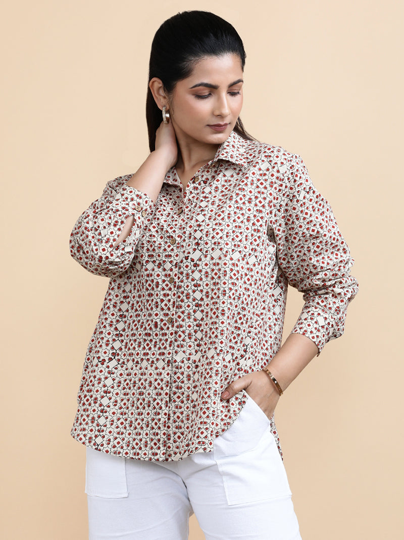 Talia x Soma | Relaxed Women's Shirt in Cream & Red Geometric Block Print Cotton-Binks