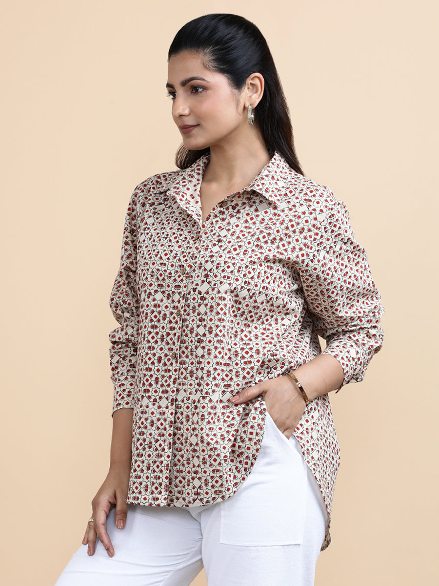 Talia x Soma Shirt, in Cream 100% Cotton, featuring full sleeves and regular collar neckline, made for daily & work (view 6).