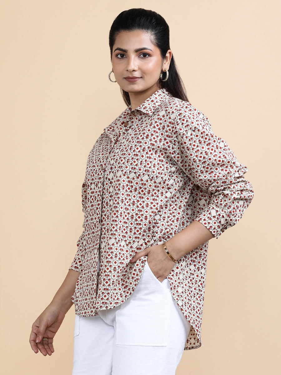 Talia x Soma Shirt, in Cream 100% Cotton, featuring full sleeves and regular collar neckline, made for daily & work (view 7).