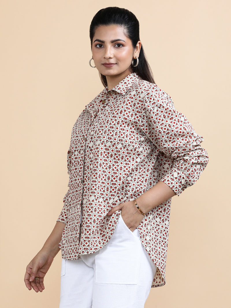 Talia x Soma | Relaxed Women's Shirt in Cream & Red Geometric Block Print Cotton-Binks