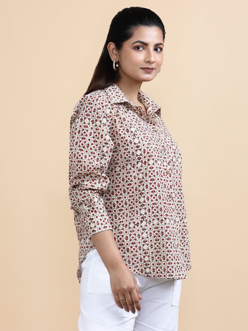 Talia x Soma | Relaxed Women's Shirt in Cream & Red Geometric Block Print Cotton-Binks