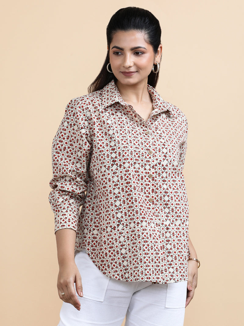 Talia x Soma | Relaxed Women's Shirt in Cream & Red Geometric Block Print Cotton-Binks