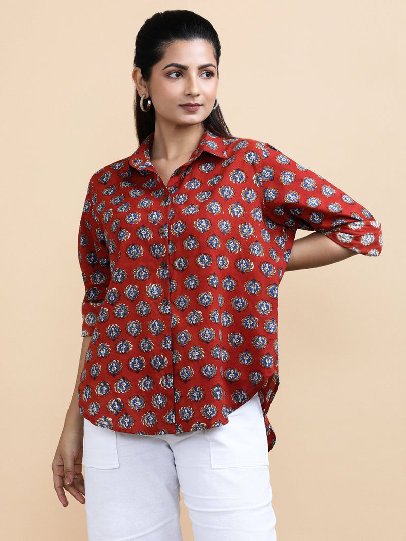 Vivienne x Soma | Relaxed Women's Shirt in Crimson Field Block Print Cotton-Binks