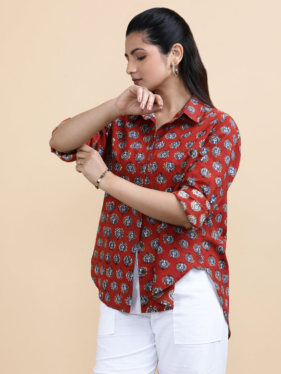 Vivienne x Soma Shirt, in Red 100% Cotton, featuring full sleeves and regular collar neckline, made for daily & work (view 2).