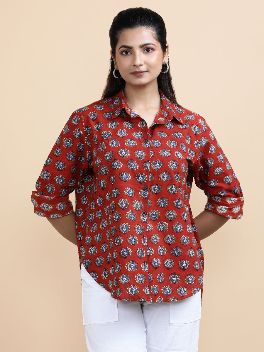 Vivienne x Soma Shirt, in Red 100% Cotton, featuring full sleeves and regular collar neckline, made for daily & work (view 3).