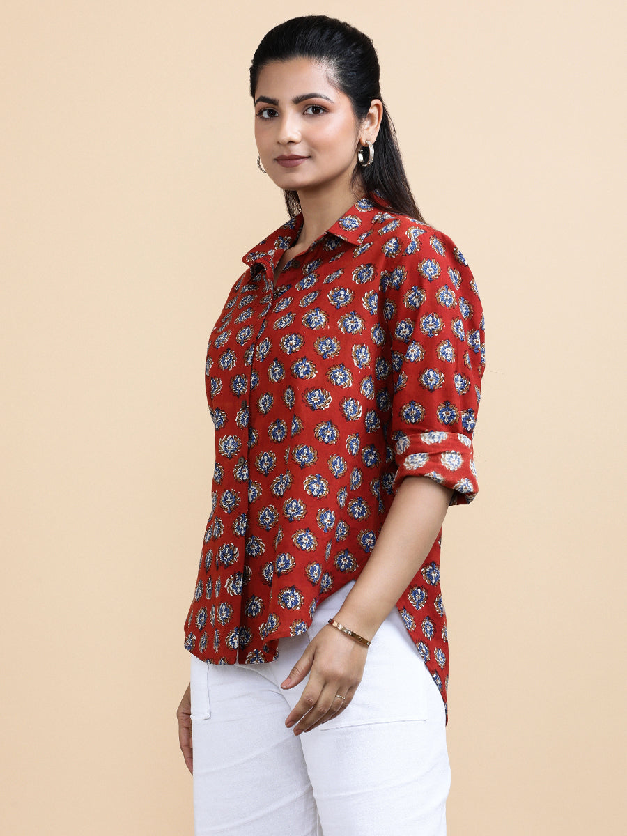 Vivienne x Soma Shirt, in Red 100% Cotton, featuring full sleeves and regular collar neckline, made for daily & work (view 6).
