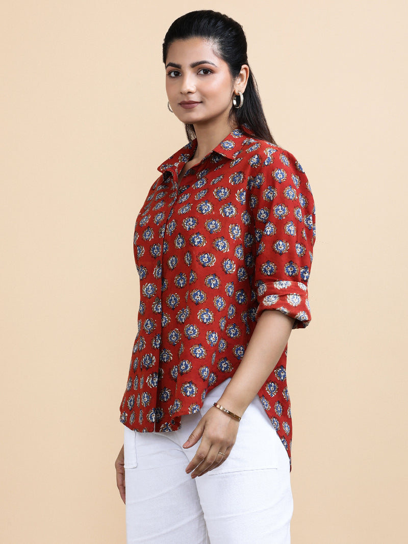 Vivienne x Soma | Relaxed Women's Shirt in Crimson Field Block Print Cotton-Binks