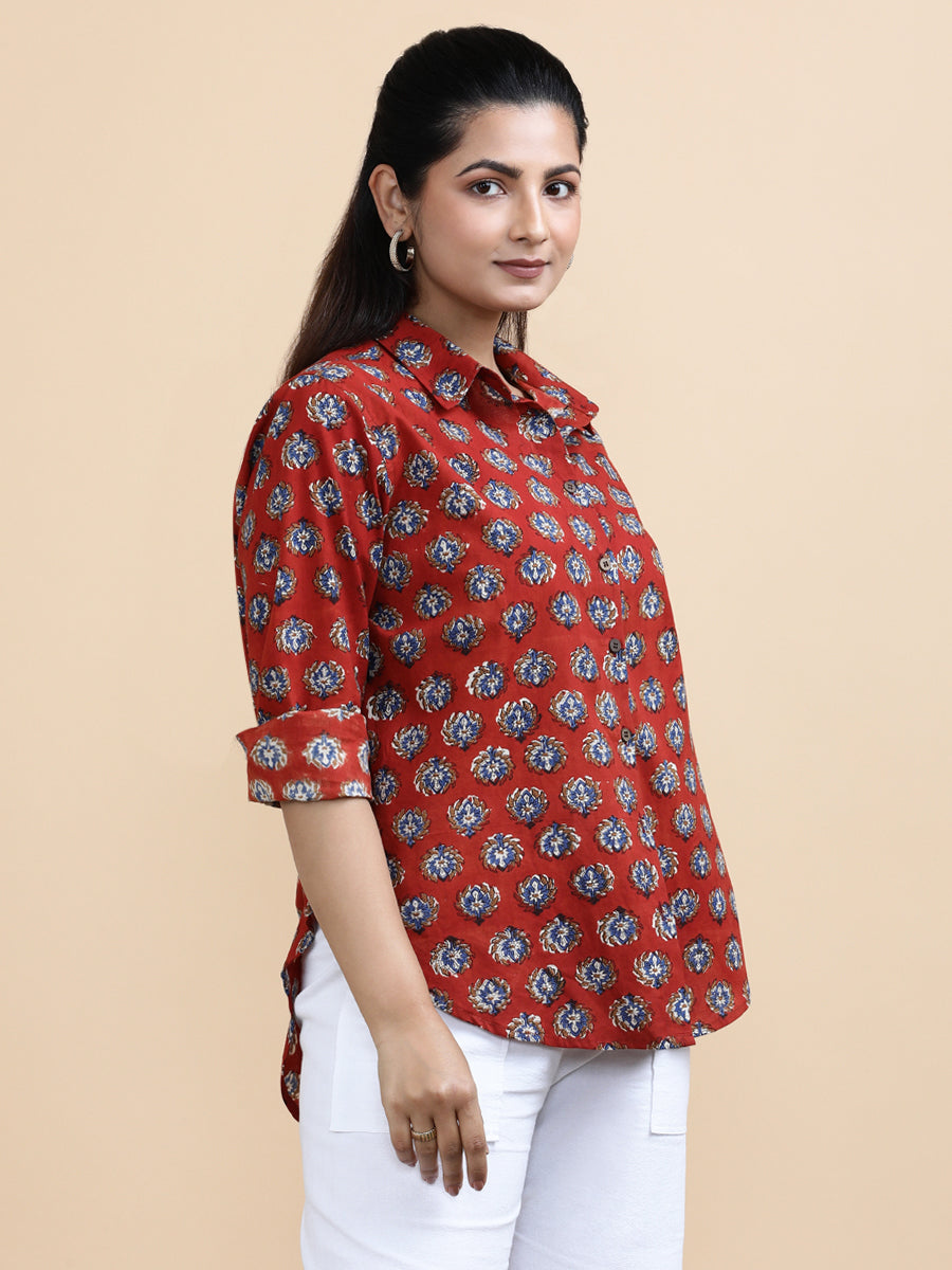 Vivienne x Soma Shirt, in Red 100% Cotton, featuring full sleeves and regular collar neckline, made for daily & work (view 8).