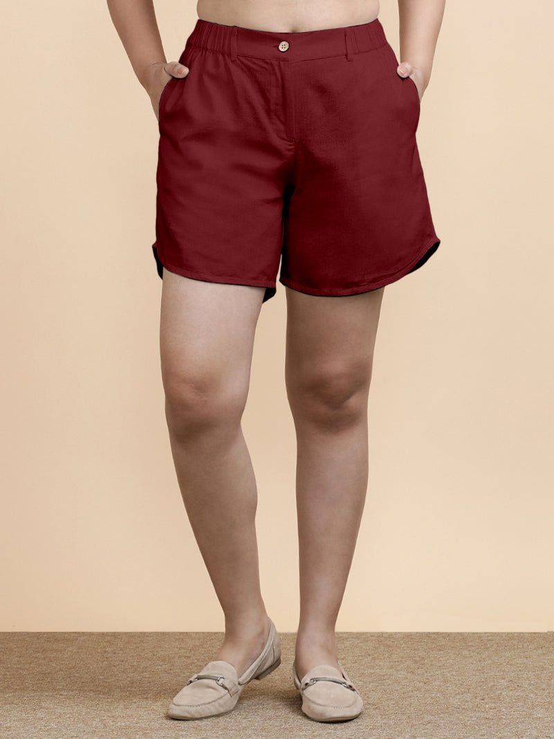 Daphne x Soma | Women's Dolphin Shorts in Cranberry Red Linen-Binks