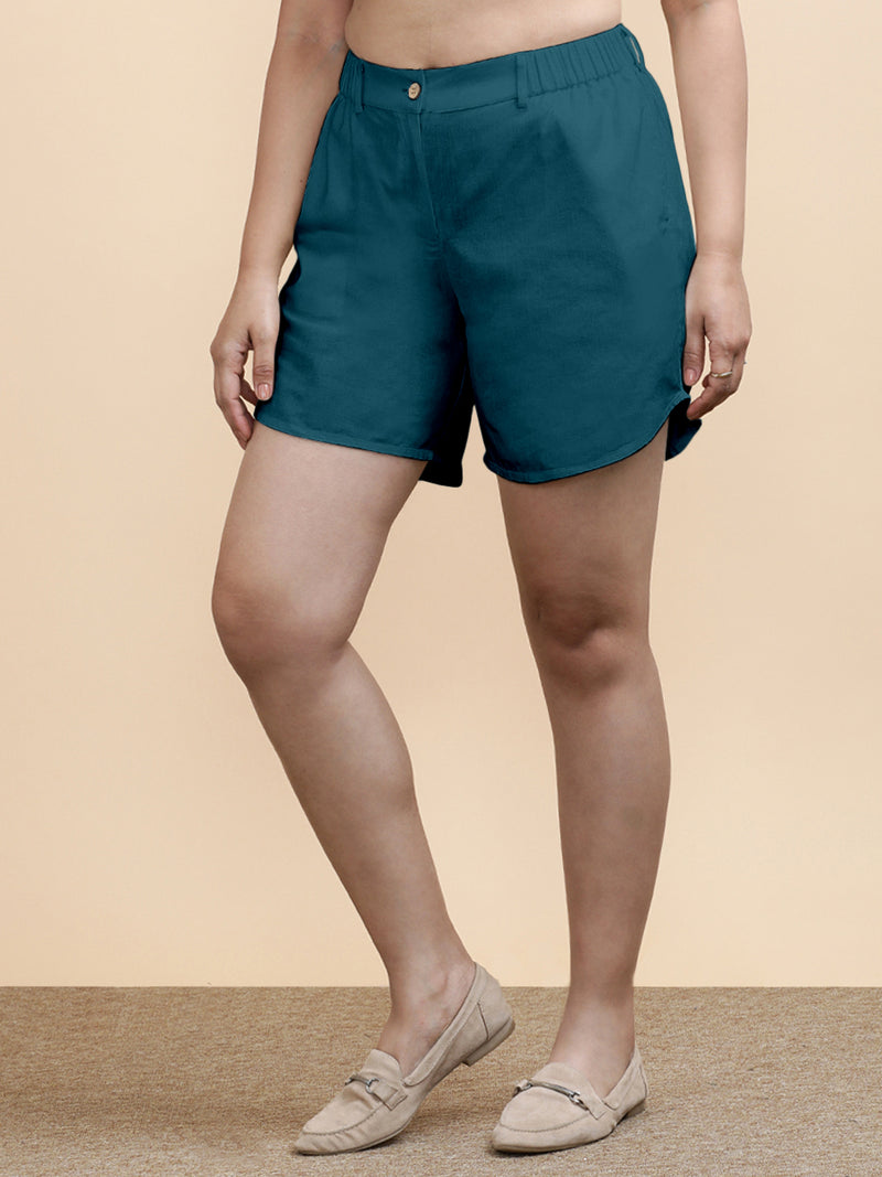 Daphne x Soma | Women's Dolphin Shorts in Teal Blue Linen-Binks