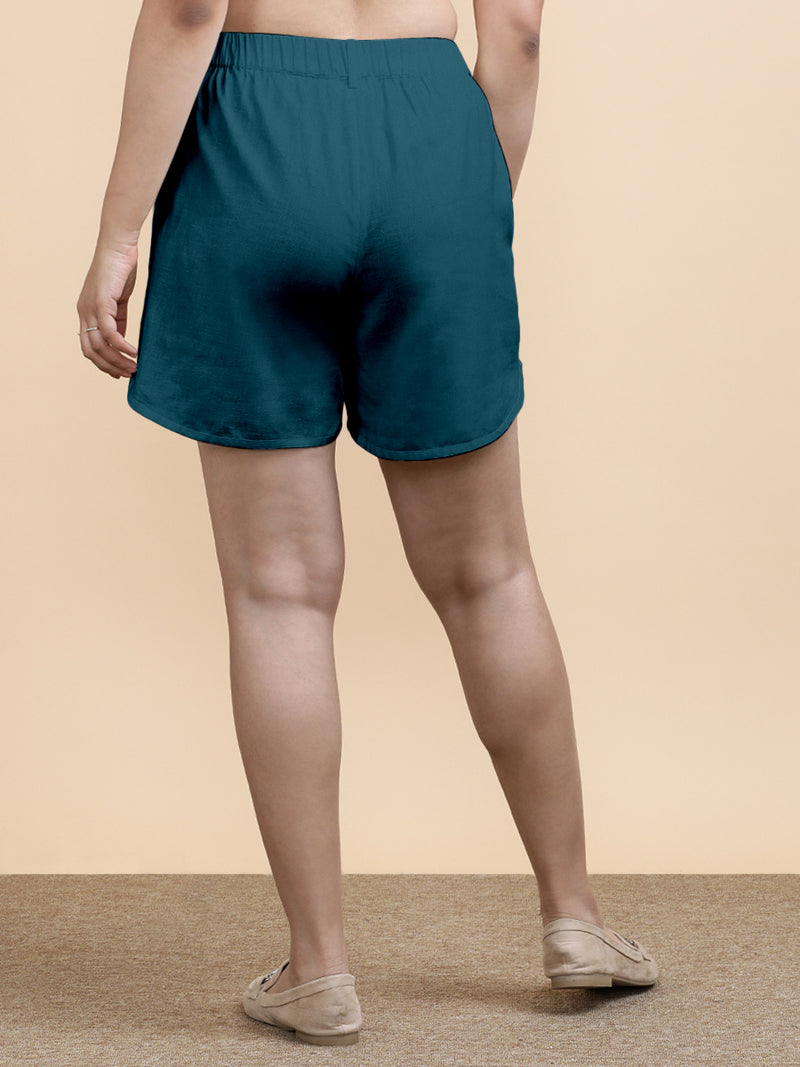 Daphne x Soma | Women's Dolphin Shorts in Teal Blue Linen-Binks