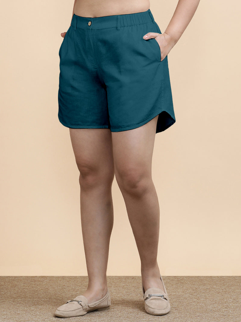 Daphne x Soma | Women's Dolphin Shorts in Teal Blue Linen-Binks
