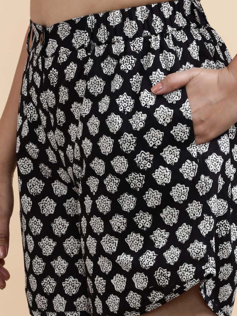 Esme x Soma | Women's Dolphin Shorts in Black Floral Block Print Cotton-Binks
