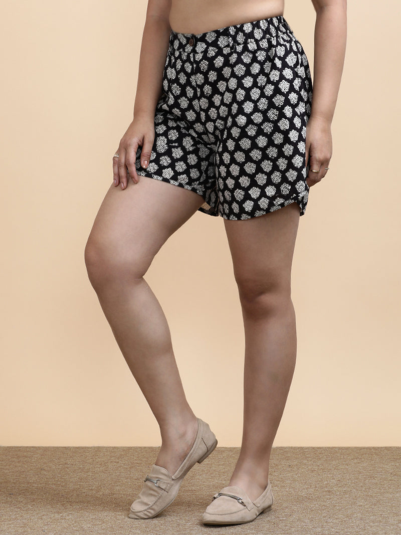Esme x Soma | Women's Dolphin Shorts in Black Floral Block Print Cotton-Binks