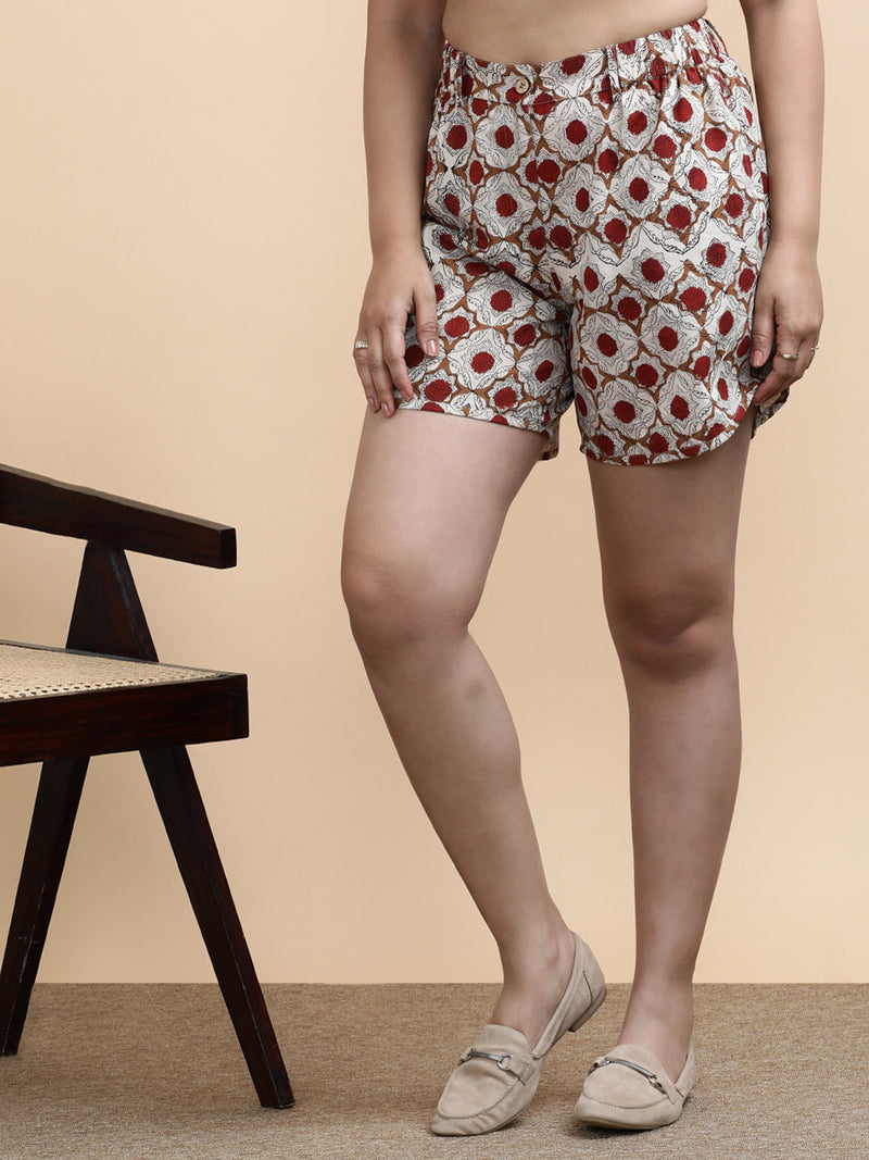 Juno x Soma | Women's Dolphin Shorts in Red Dahlia Block Printed Cotton Cotton-Binks