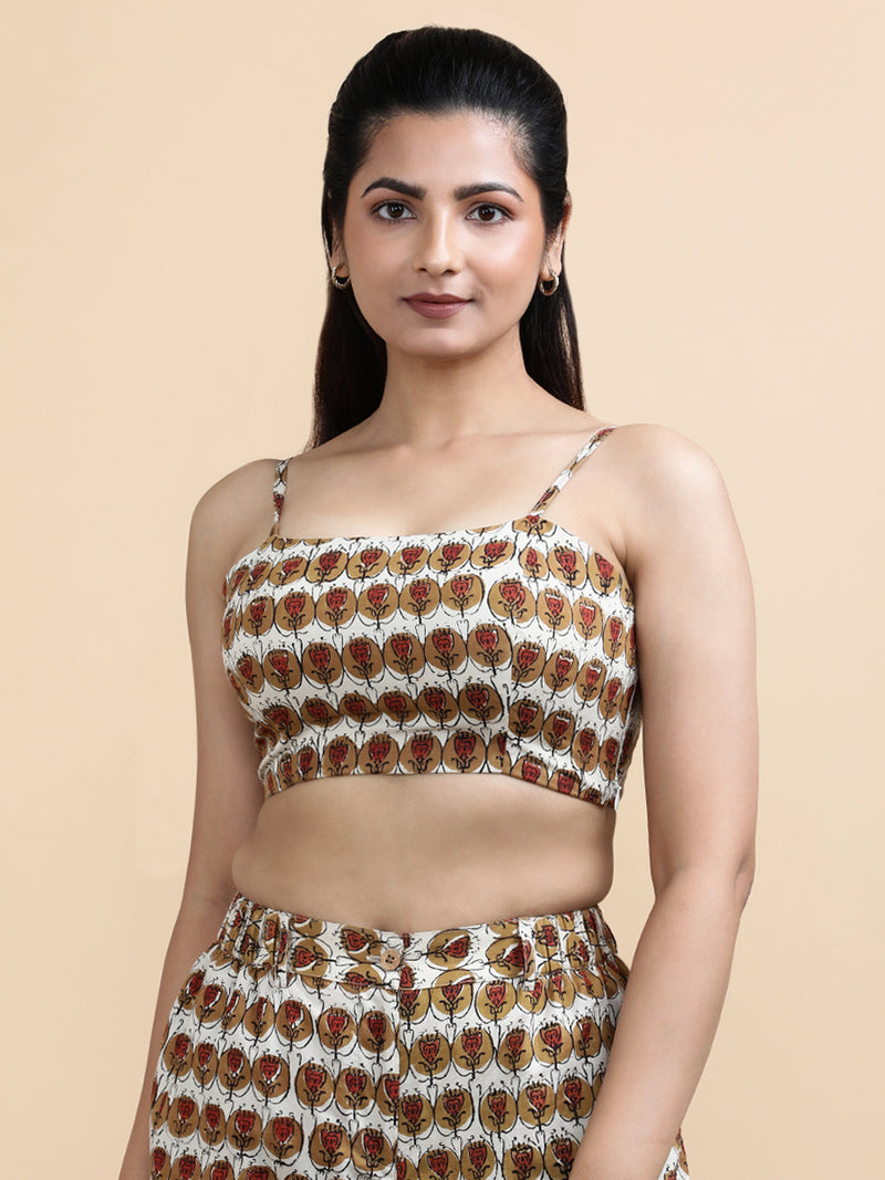 Bianca x Soma | Women's Cropped Top in Cream Floral Block Print Fabric Cotton-Binks