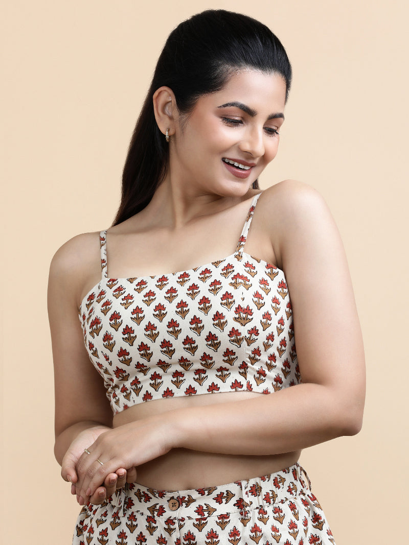 Blake x Soma | Women's Cropped Top in Tulip Bloom Cream Block Print Cotton-Binks