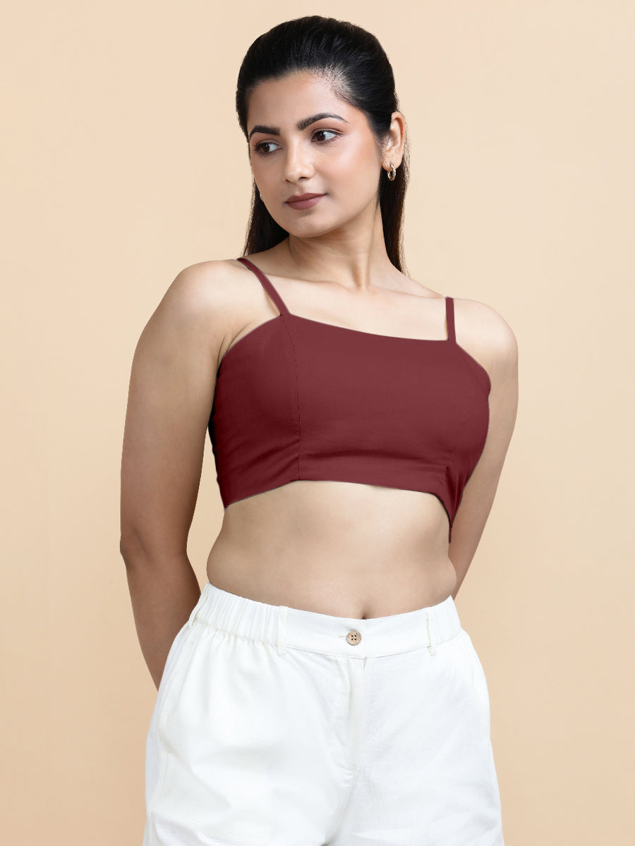 Cara x Soma Top, in Maroon 100% Cotton, featuring sleeveless and shoulder straps neckline, made for daily & work (view 4).