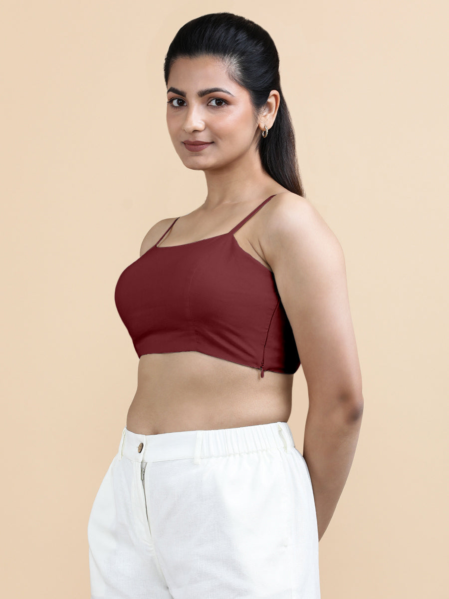 Cara x Soma Top, in Maroon 100% Cotton, featuring sleeveless and shoulder straps neckline, made for daily & work (view 5).