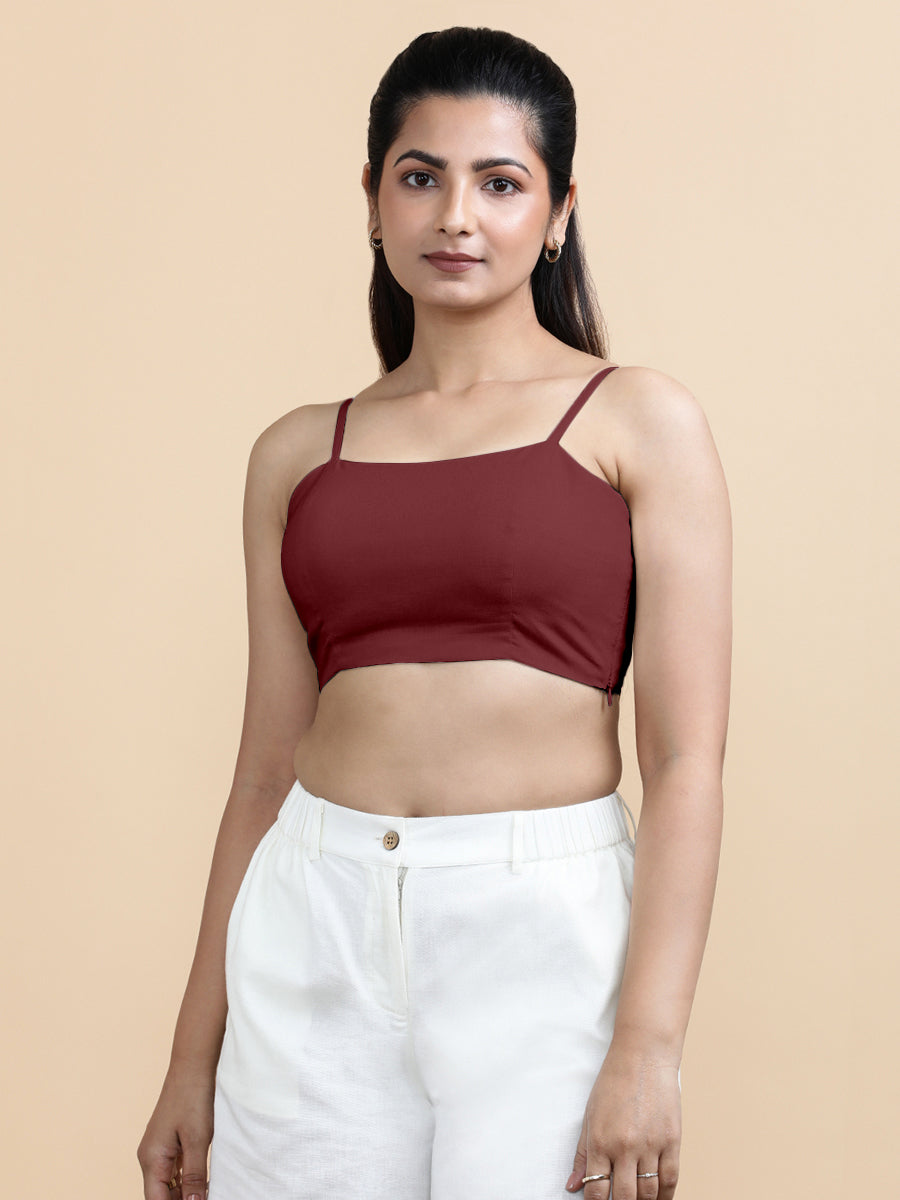 Cara x Soma Top, in Maroon 100% Cotton, featuring sleeveless and shoulder straps neckline, made for daily & work (view 6).