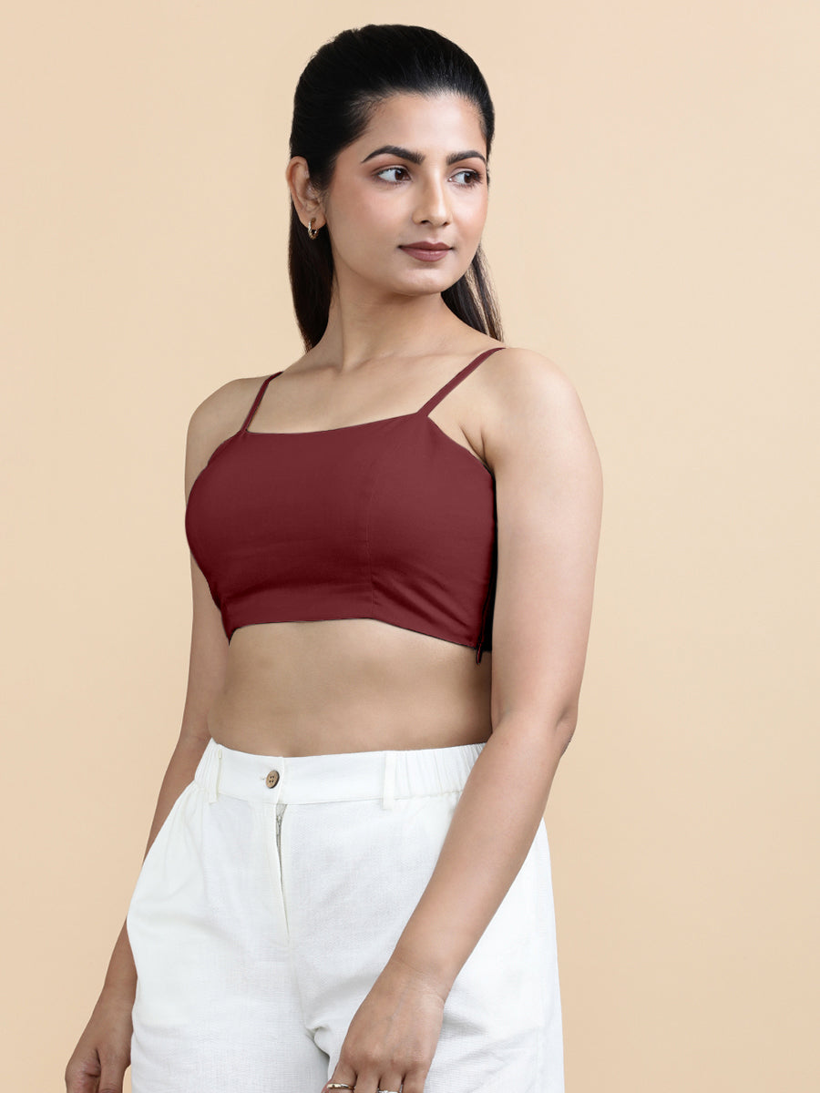 Cara x Soma Top, in Maroon 100% Cotton, featuring sleeveless and shoulder straps neckline, made for daily & work (view 8).