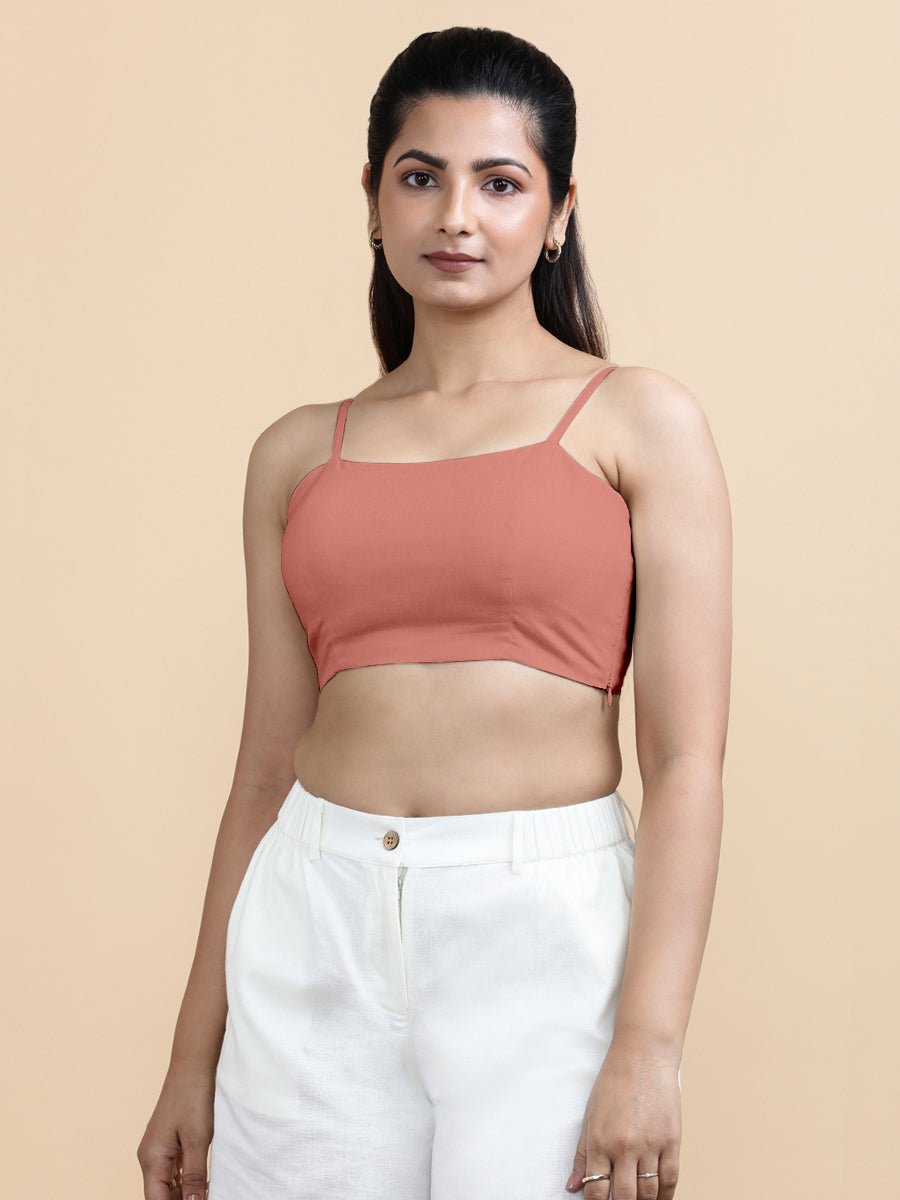 Cara x Soma Top, in Peach 100% Cotton, featuring sleeveless and shoulder straps neckline, made for daily & work (view 5).