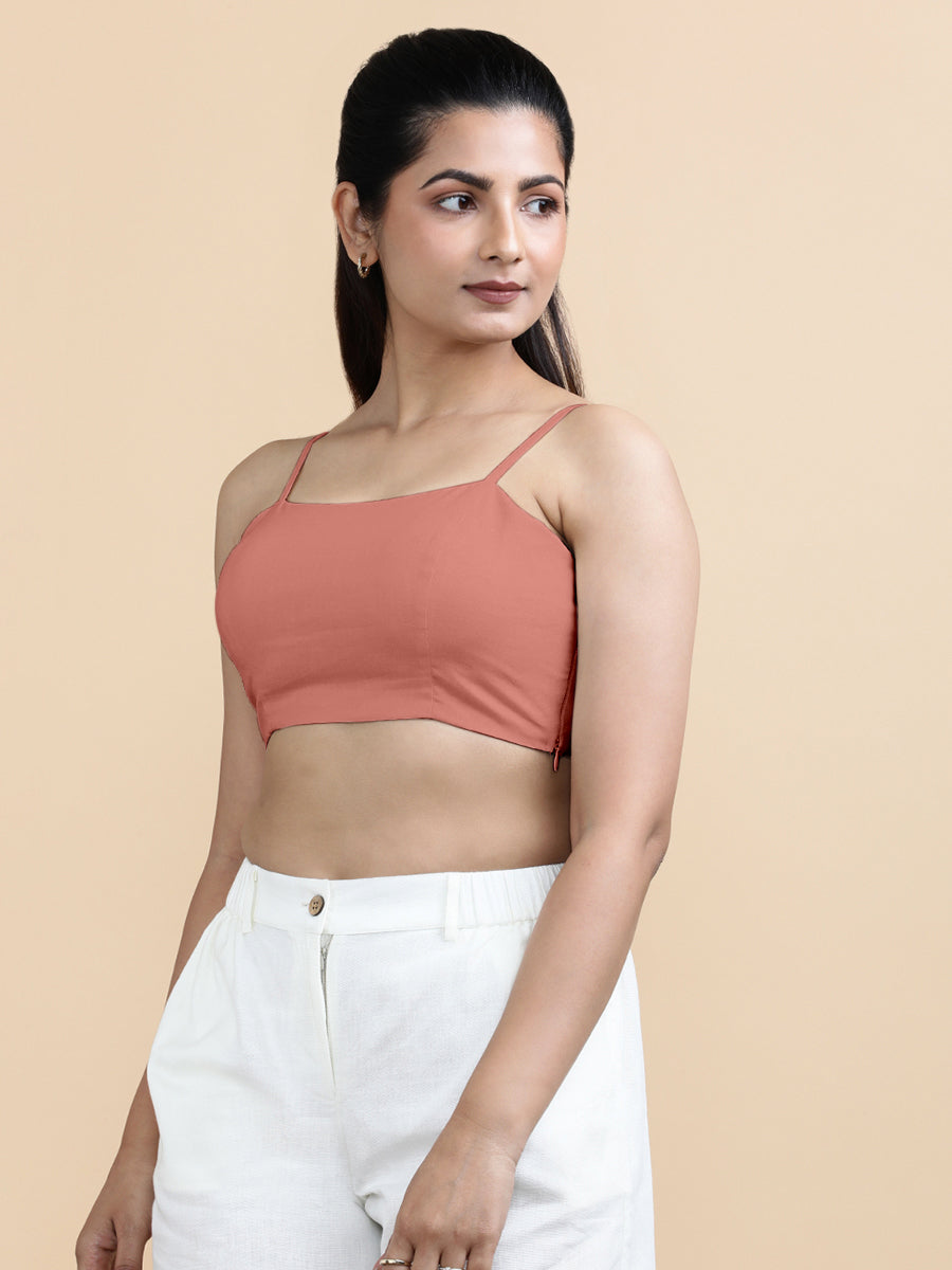 Cara x Soma Top, in Peach 100% Cotton, featuring sleeveless and shoulder straps neckline, made for daily & work (view 8).