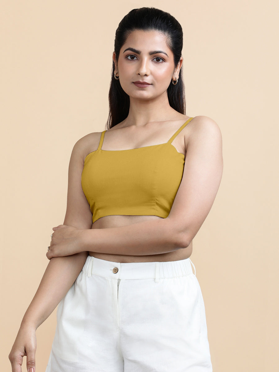 Cara x Soma Top, in Yellow 100% Cotton, featuring sleeveless and shoulder straps neckline, made for daily & work (view 6).