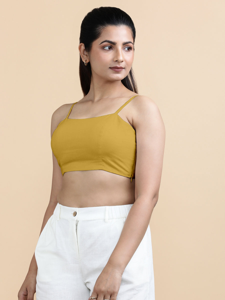 Cara x Soma Top, in Yellow 100% Cotton, featuring sleeveless and shoulder straps neckline, made for daily & work (view 8).