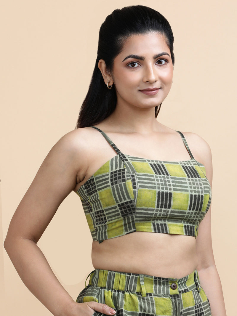 Carla x Soma | Women's Cropped Top in Olive Grid Block Print Cotton-Binks