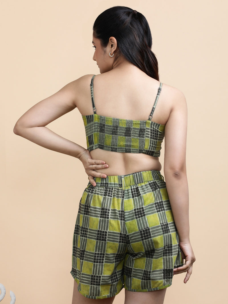 Carla x Soma | Women's Cropped Top in Olive Grid Block Print Cotton-Binks