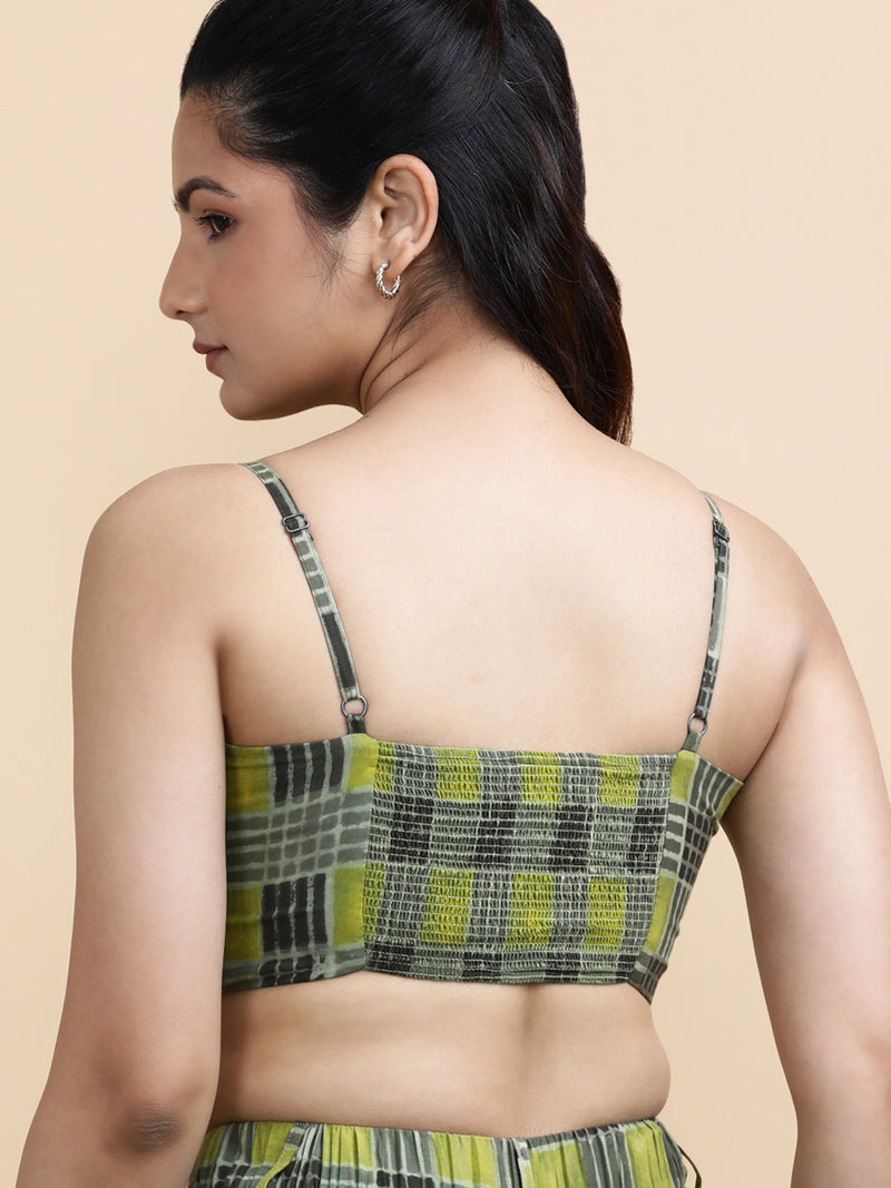 Carla x Soma | Women's Cropped Top in Olive Grid Block Print Cotton-Binks