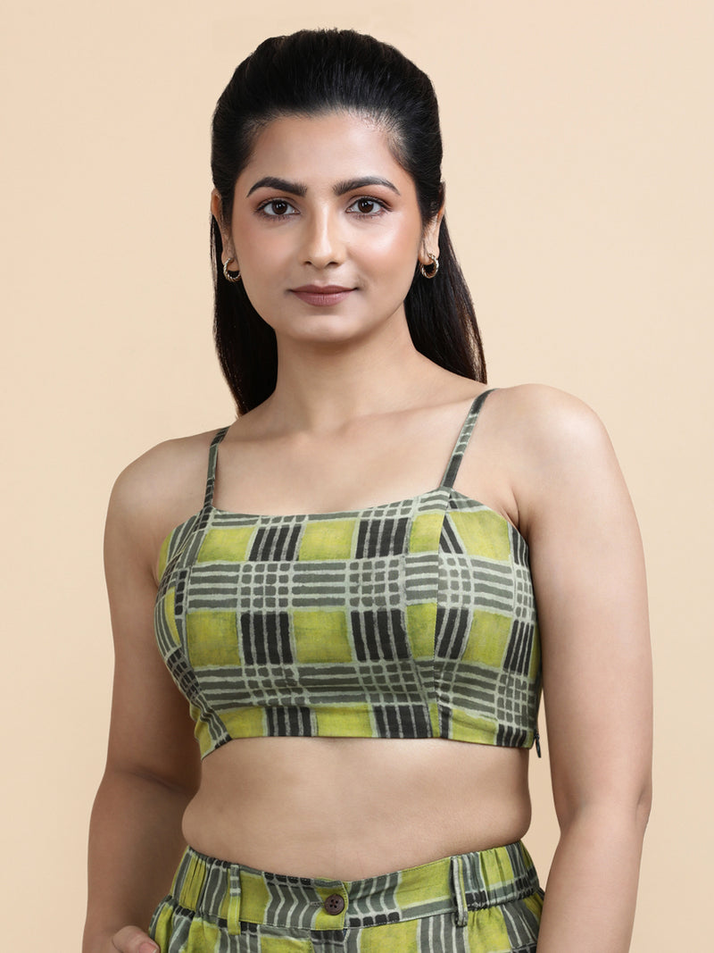 Carla x Soma | Women's Cropped Top in Olive Grid Block Print Cotton-Binks