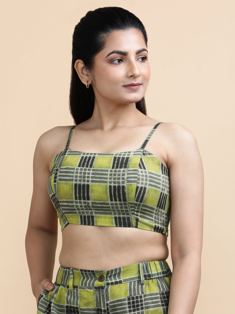 Carla x Soma | Women's Cropped Top in Olive Grid Block Print Cotton-Binks
