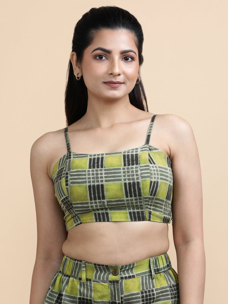 Carla x Soma | Women's Cropped Top in Olive Grid Block Print Cotton-Binks